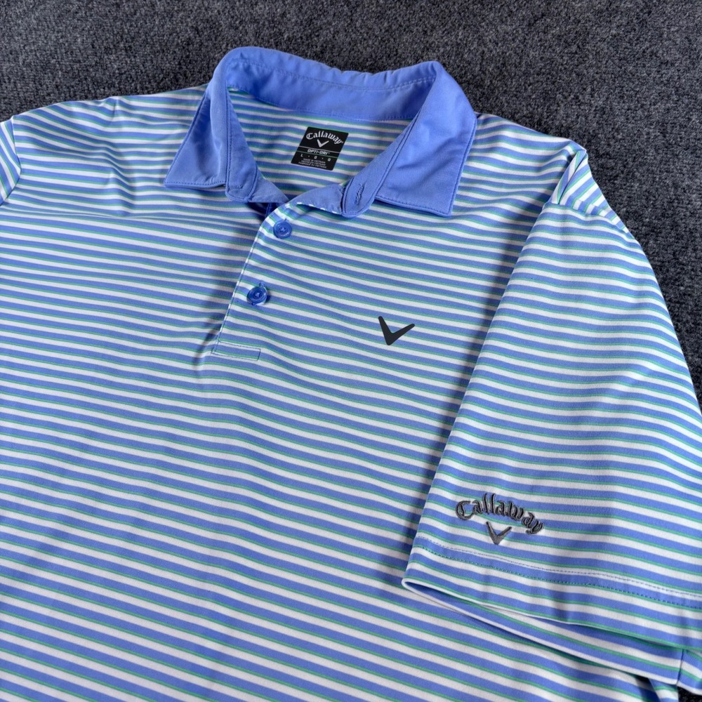 Callaway Polo Shirt Mens Large Blue Green Striped Opti-Dri Short Sleeve Golf